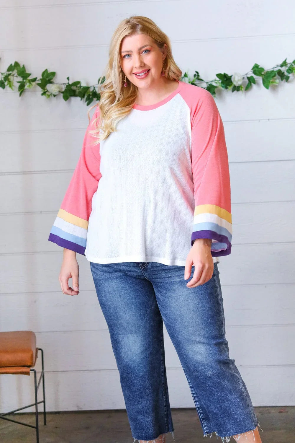 Pink Pointelle Color Block Wide Sleeve Pullover - Coeur de la Mode