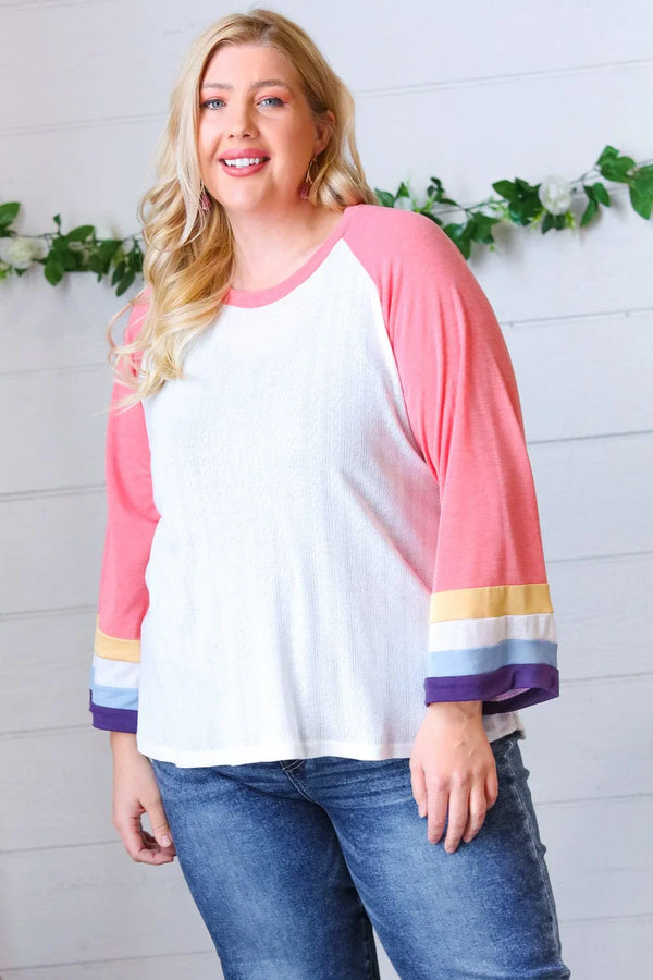 Pink Pointelle Color Block Wide Sleeve Pullover - Coeur de la Mode