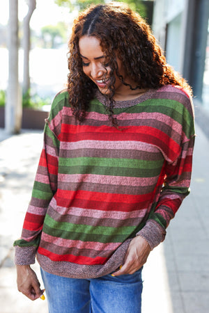 Perfectly You Olive & Mauve Stripe Two-Tone Banded Sweater Top - Coeur de la Mode