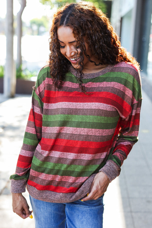 Perfectly You Olive & Mauve Stripe Two-Tone Banded Sweater Top - Coeur de la Mode