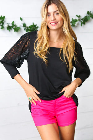 Black Lace Three Quarter Bubble Sleeve Top - Coeur de la Mode