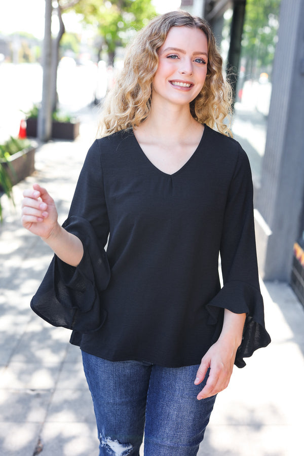 Falling In Love Black Hi-Lo Ruffle Sleeve Woven Top - Coeur de la Mode