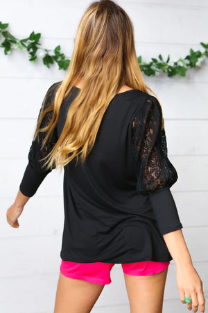 Black Lace Three Quarter Bubble Sleeve Top - Coeur de la Mode