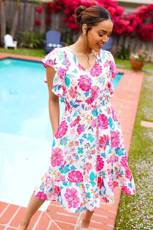 Hello Beautiful Ivory & Fuchsia Floral Sequin Smock Waist Midi Dress - Coeur de la Mode