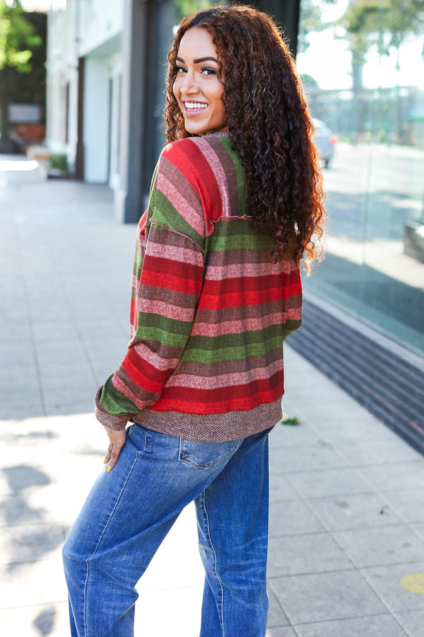 Perfectly You Olive & Mauve Stripe Two-Tone Banded Sweater Top - Coeur de la Mode