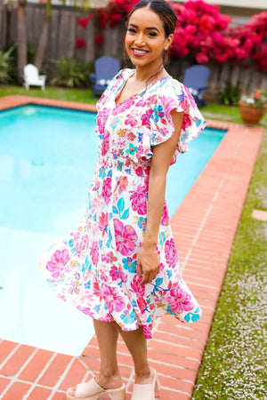 Hello Beautiful Ivory & Fuchsia Floral Sequin Smock Waist Midi Dress - Coeur de la Mode