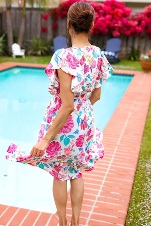 Hello Beautiful Ivory & Fuchsia Floral Sequin Smock Waist Midi Dress - Coeur de la Mode