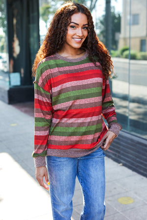 Perfectly You Olive & Mauve Stripe Two-Tone Banded Sweater Top - Coeur de la Mode