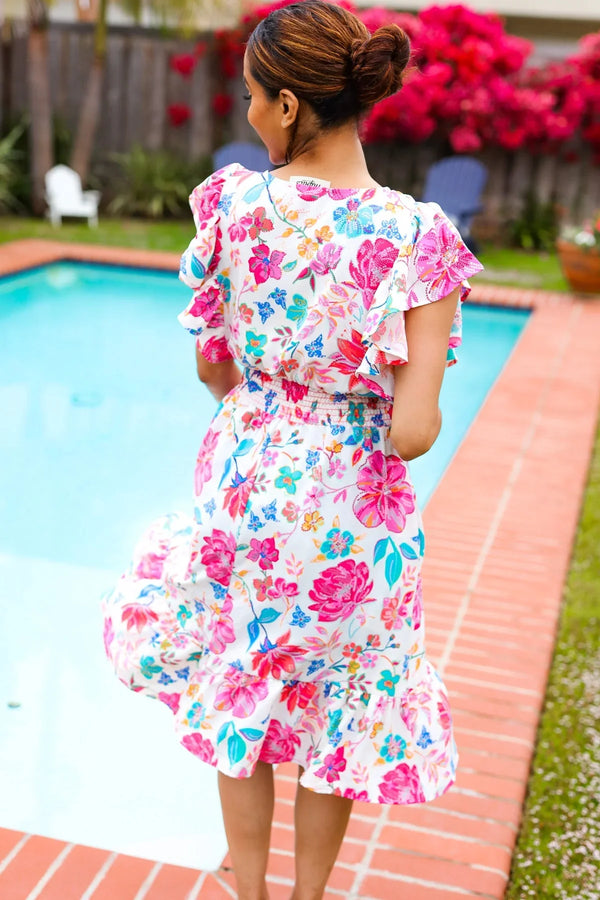 Hello Beautiful Ivory & Fuchsia Floral Sequin Smock Waist Midi Dress - Coeur de la Mode