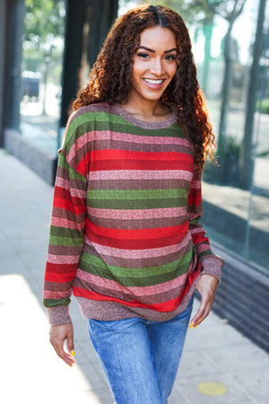 Perfectly You Olive & Mauve Stripe Two-Tone Banded Sweater Top - Coeur de la Mode