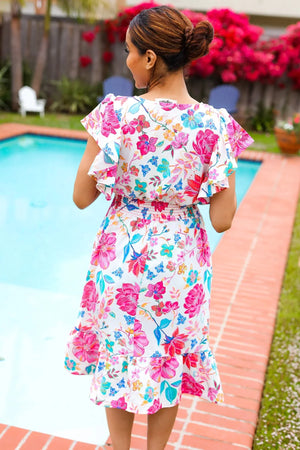 Hello Beautiful Ivory & Fuchsia Floral Sequin Smock Waist Midi Dress - Coeur de la Mode