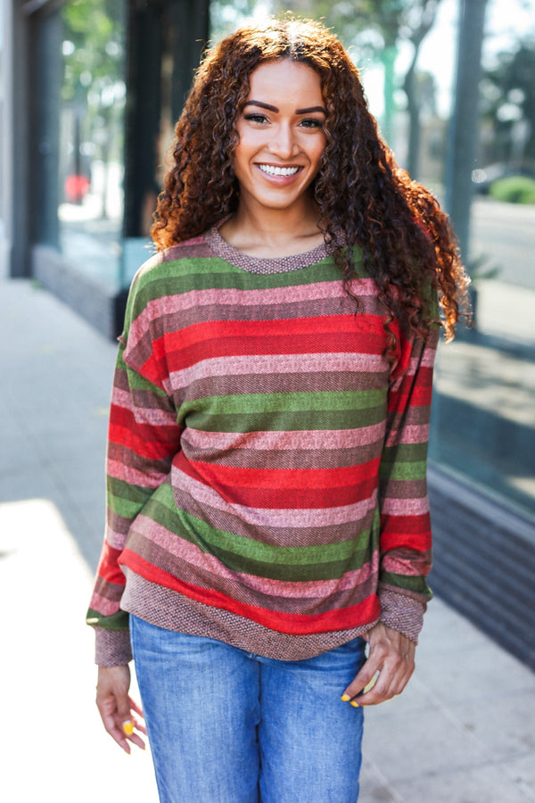 Perfectly You Olive & Mauve Stripe Two-Tone Banded Sweater Top - Coeur de la Mode