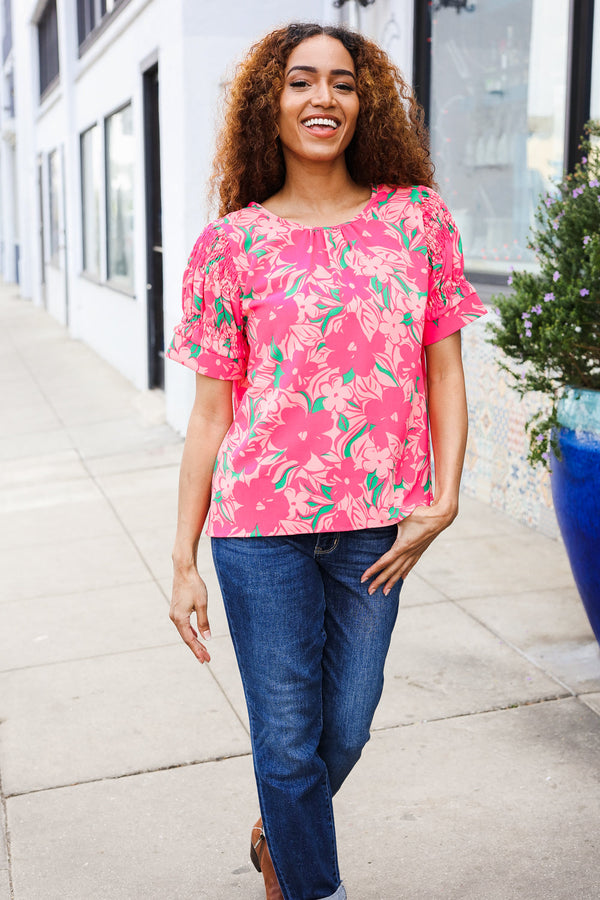 Vacay Vibes Floral Back Keyhole Short Smocked Banded Sleeve Top - Coeur de la Mode
