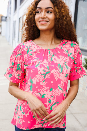 Vacay Vibes Floral Back Keyhole Short Smocked Banded Sleeve Top - Coeur de la Mode