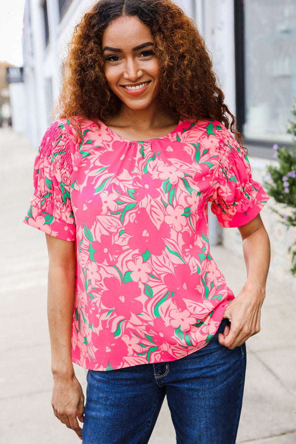 Vacay Vibes Floral Back Keyhole Short Smocked Banded Sleeve Top - Coeur de la Mode