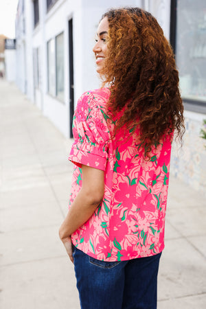 Vacay Vibes Floral Back Keyhole Short Smocked Banded Sleeve Top - Coeur de la Mode