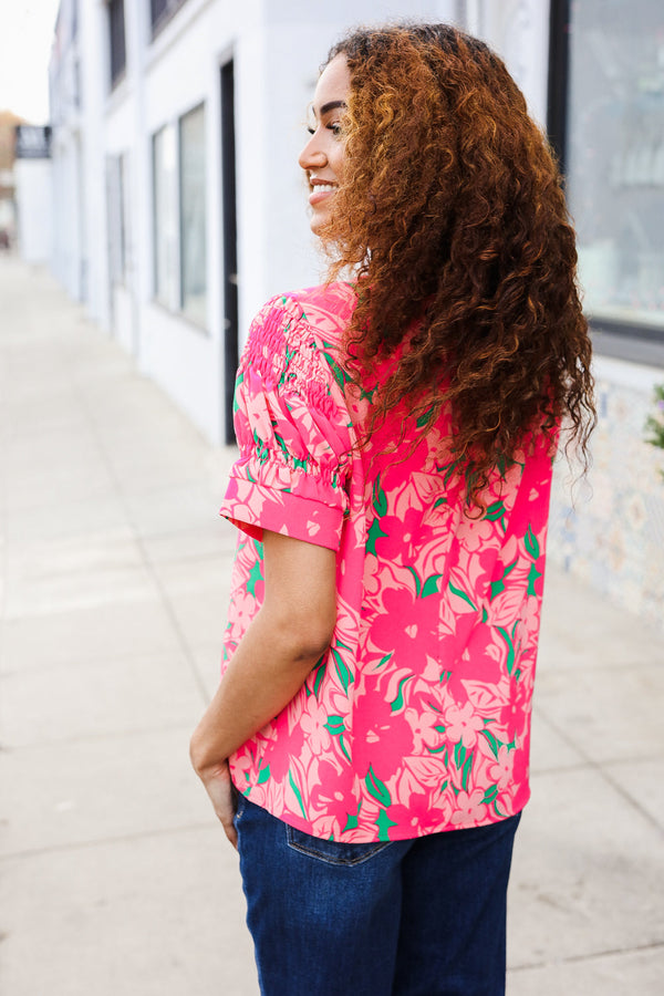 Vacay Vibes Floral Back Keyhole Short Smocked Banded Sleeve Top - Coeur de la Mode