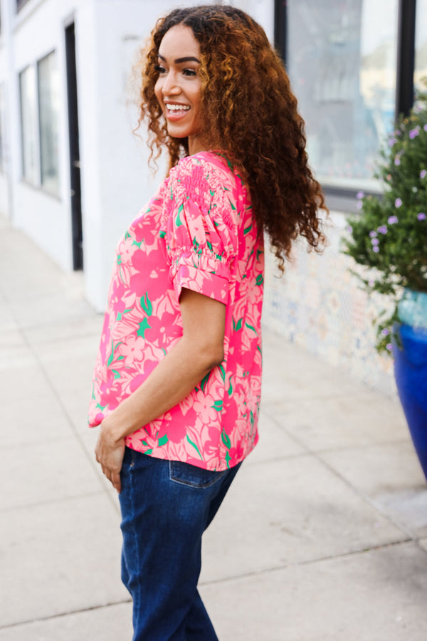Vacay Vibes Floral Back Keyhole Short Smocked Banded Sleeve Top - Coeur de la Mode