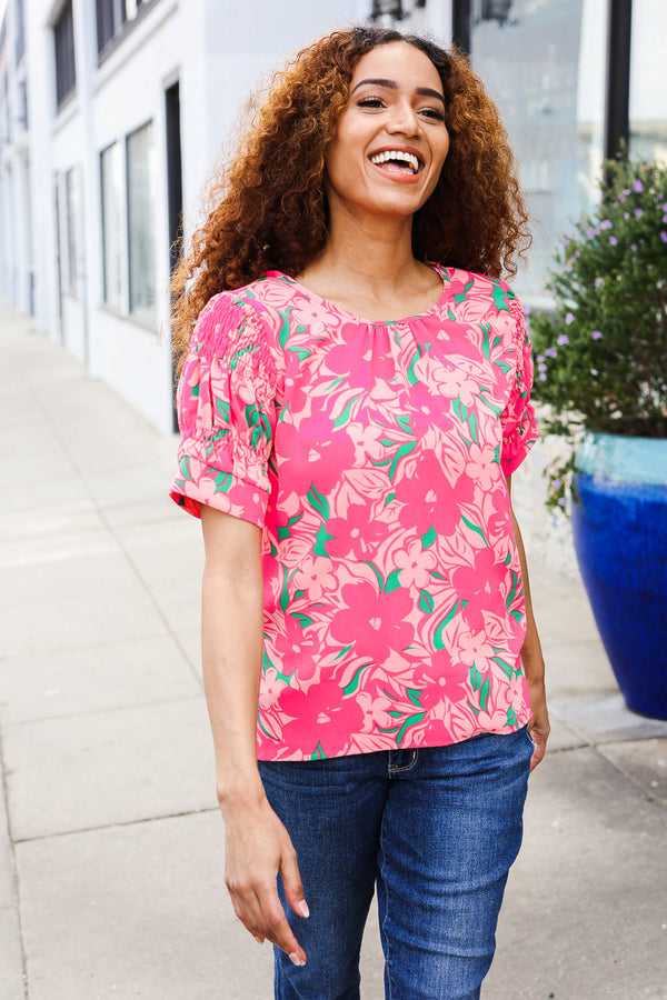 Vacay Vibes Floral Back Keyhole Short Smocked Banded Sleeve Top - Coeur de la Mode