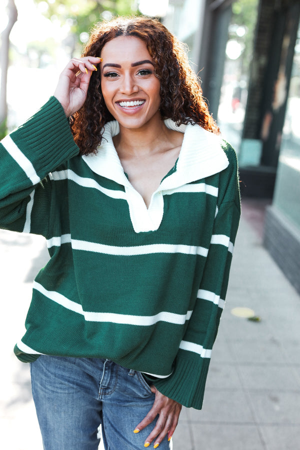 Fall For You Hunter Green Stripe Notched Neck Collared Oversized Sweater - Coeur de la Mode