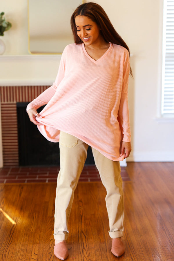 All For Love Peach Waffle Knit V Neck Dolman Top - Coeur de la Mode