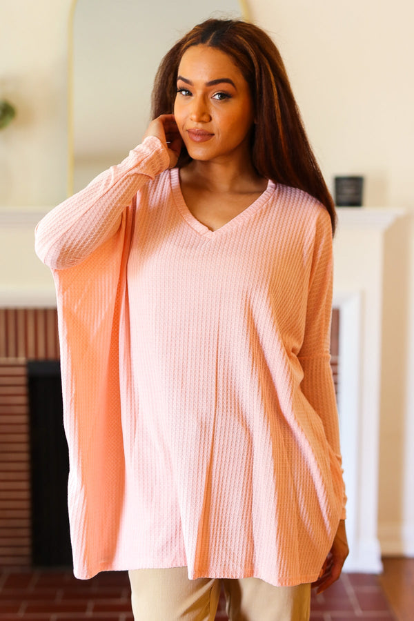 All For Love Peach Waffle Knit V Neck Dolman Top - Coeur de la Mode