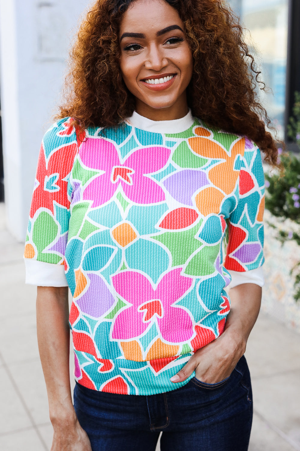 Spring Vibes Multicolor floral Rib Back Bow Tie Detail Top - Coeur de la Mode