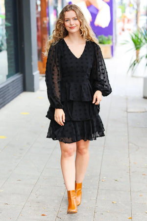 Holiday Vixen Black Chiffon Swiss Dot V Neck Tiered Ruffle Dress - Coeur de la Mode