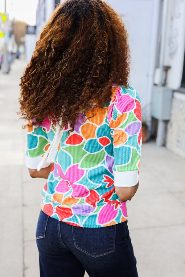 Spring Vibes Multicolor floral Rib Back Bow Tie Detail Top - Coeur de la Mode