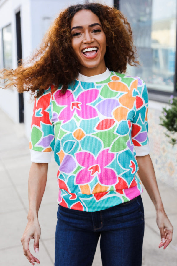 Spring Vibes Multicolor floral Rib Back Bow Tie Detail Top - Coeur de la Mode