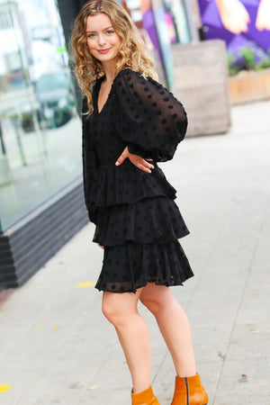 Holiday Vixen Black Chiffon Swiss Dot V Neck Tiered Ruffle Dress - Coeur de la Mode