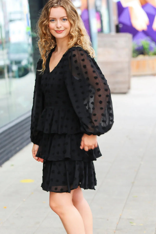 Holiday Vixen Black Chiffon Swiss Dot V Neck Tiered Ruffle Dress - Coeur de la Mode
