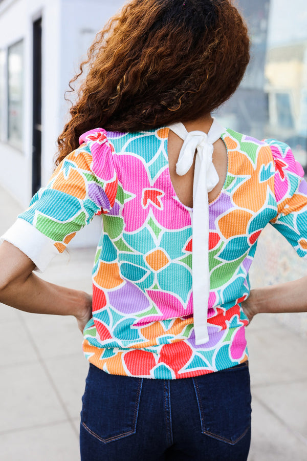 Spring Vibes Multicolor floral Rib Back Bow Tie Detail Top - Coeur de la Mode
