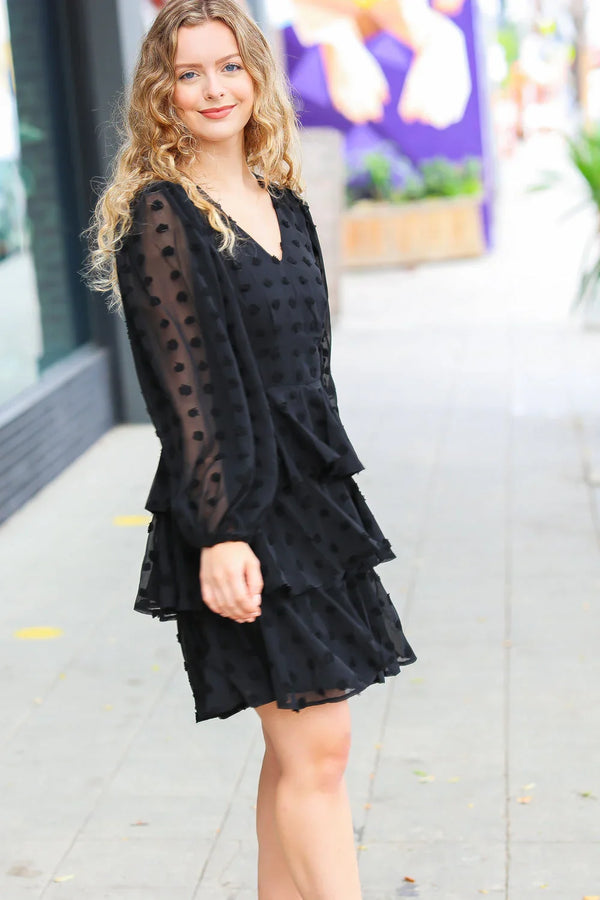 Holiday Vixen Black Chiffon Swiss Dot V Neck Tiered Ruffle Dress - Coeur de la Mode