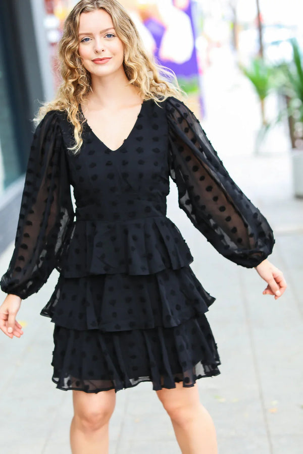 Holiday Vixen Black Chiffon Swiss Dot V Neck Tiered Ruffle Dress - Coeur de la Mode