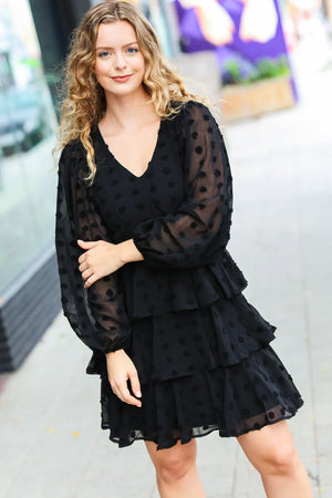 Holiday Vixen Black Chiffon Swiss Dot V Neck Tiered Ruffle Dress - Coeur de la Mode