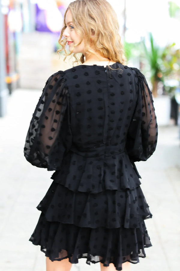 Holiday Vixen Black Chiffon Swiss Dot V Neck Tiered Ruffle Dress - Coeur de la Mode