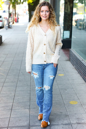Follow Me Oatmeal Pointelle Knit Button Down Cardigan - Coeur de la Mode