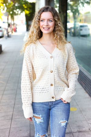 Follow Me Oatmeal Pointelle Knit Button Down Cardigan - Coeur de la Mode