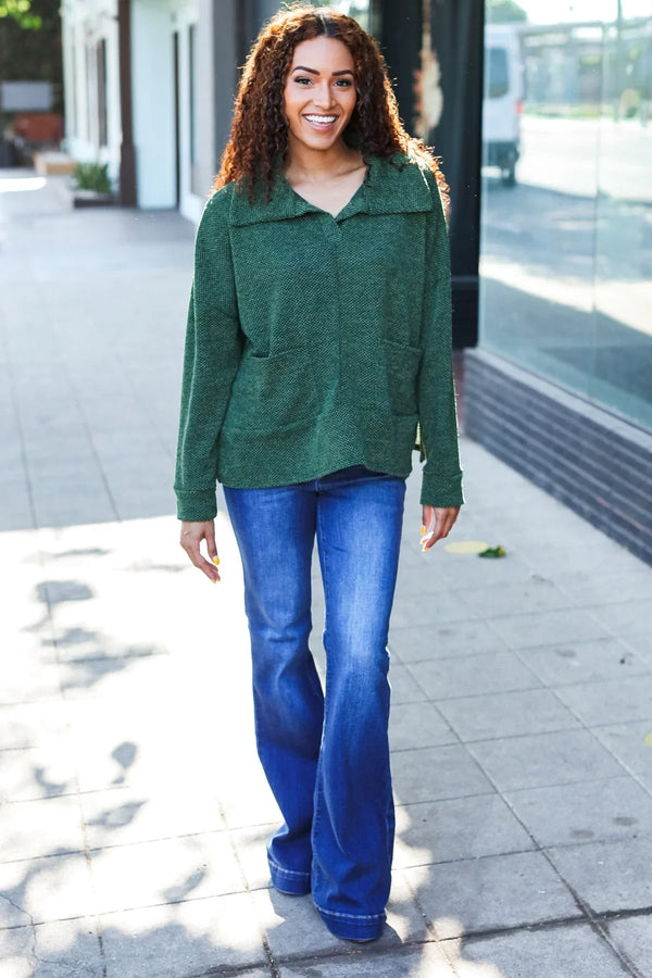 Easy Living Olive Textured Knit Notch Neck Oversized Collar Sweater - Coeur de la Mode