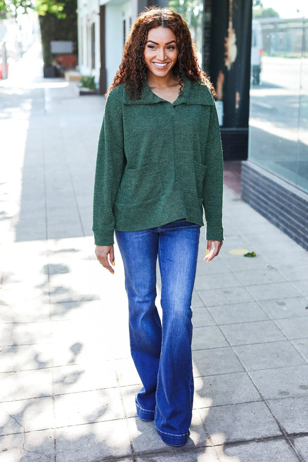 Easy Living Olive Textured Knit Notch Neck Oversized Collar Sweater - Coeur de la Mode
