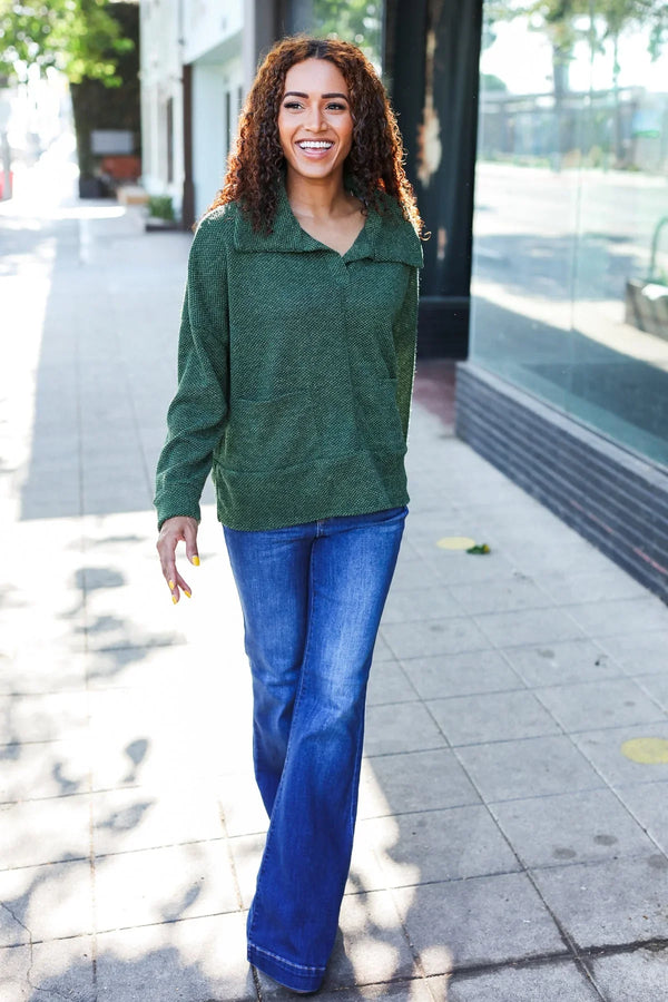 Easy Living Olive Textured Knit Notch Neck Oversized Collar Sweater - Coeur de la Mode