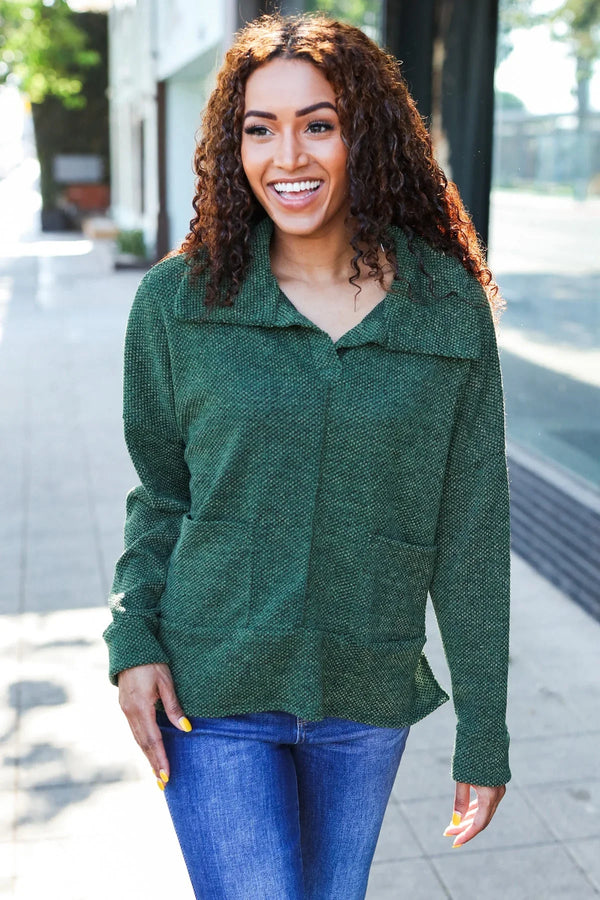 Easy Living Olive Textured Knit Notch Neck Oversized Collar Sweater - Coeur de la Mode