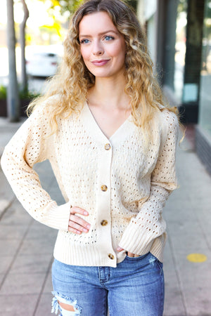Follow Me Oatmeal Pointelle Knit Button Down Cardigan - Coeur de la Mode