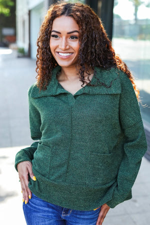 Easy Living Olive Textured Knit Notch Neck Oversized Collar Sweater - Coeur de la Mode