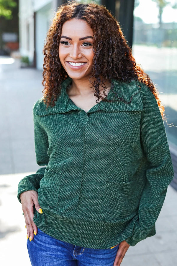 Easy Living Olive Textured Knit Notch Neck Oversized Collar Sweater - Coeur de la Mode