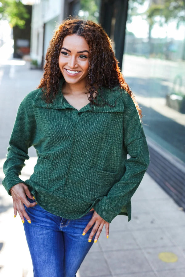 Easy Living Olive Textured Knit Notch Neck Oversized Collar Sweater - Coeur de la Mode