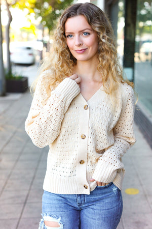 Follow Me Oatmeal Pointelle Knit Button Down Cardigan - Coeur de la Mode