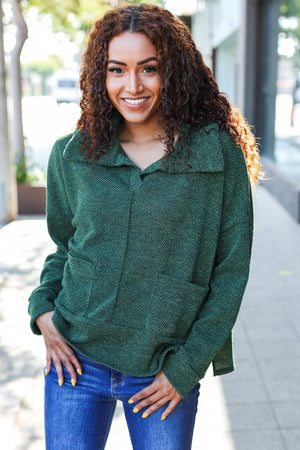Easy Living Olive Textured Knit Notch Neck Oversized Collar Sweater - Coeur de la Mode