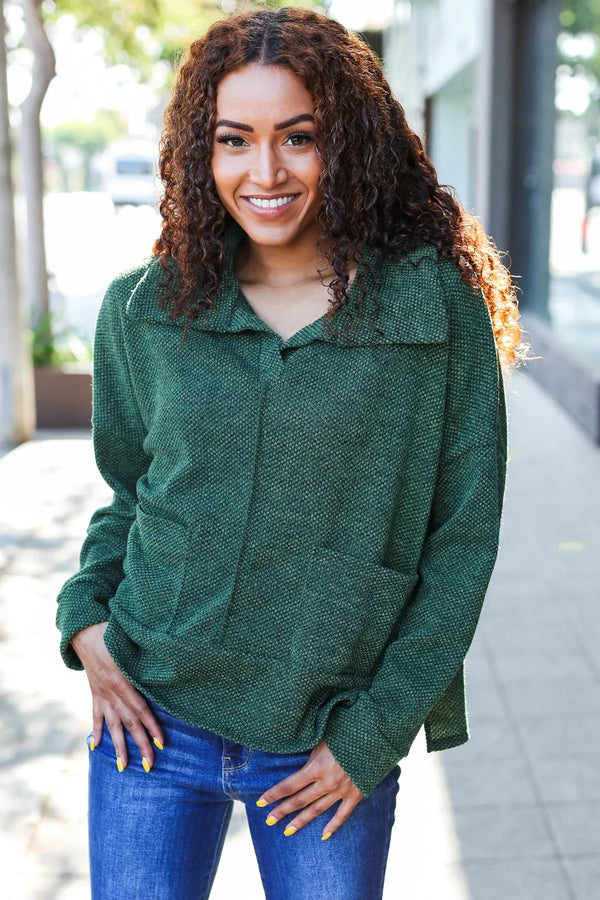 Easy Living Olive Textured Knit Notch Neck Oversized Collar Sweater - Coeur de la Mode